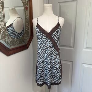 NWT VTG Y2K Mystique Intimates Blue & Brown Sheer Zebra Print Lace Trim Slip L